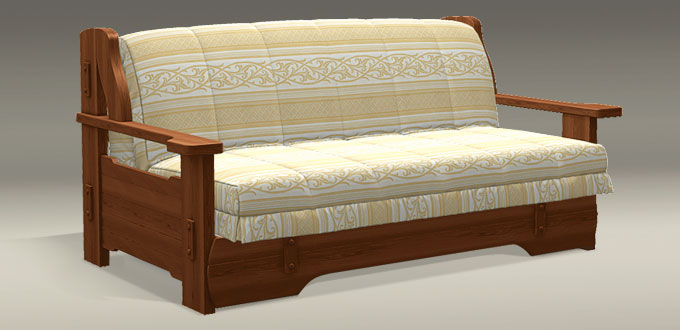 Прямой диван с деревянными подлокотниками